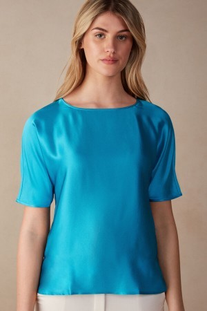 Intimissimi Kort Sleeve Silk and Modal Top Blauw | NLEAH34653