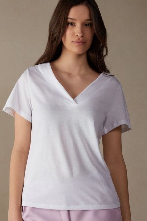 Intimissimi Kort Sleeve V-neck Top in Supima® Ultrafresh Katoenen Wit | SNLVO41964