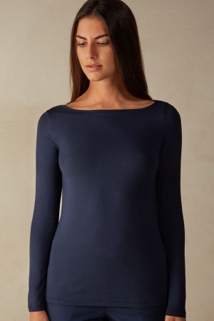 Intimissimi Long Sleeve Bateau Neck Top in Micromodal Blauw | BNLSD45704