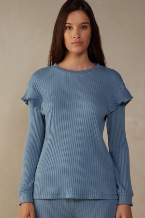 Intimissimi Cozy Mountains Long Sleeve Geribbeld Top Blauw | NLXMI51869