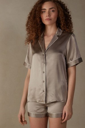 Intimissimi Kort Sleeve Silk Shirt with Contrast Trim Natural | ANLWC32562