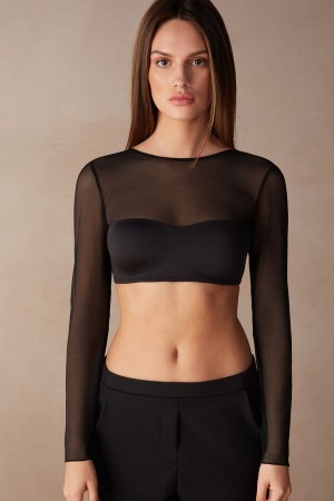 Intimissimi Long Sleeve Bra Top in Ultralight Microfiber and Tulle Zwart | UNLTG26714