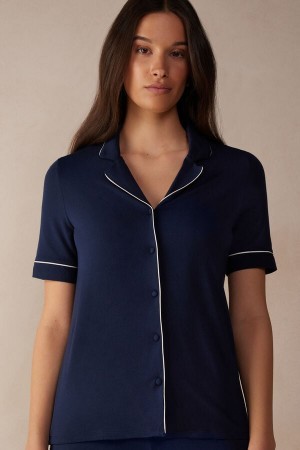 Intimissimi Kort Sleeve Button Up Shirt in Modal Blauw | NLXBR69590