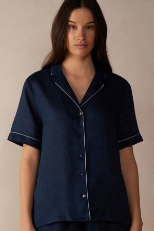 Intimissimi Yacht Night Linen Kort Sleeve Shirt Blauw | ENLHC10699