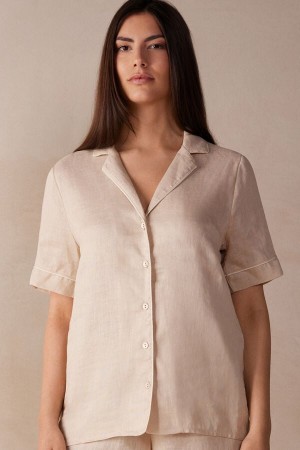 Intimissimi Yacht Night Linen Kort Sleeve Shirt Natural | NLDYB29755