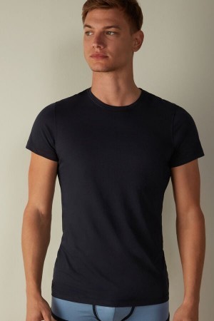 Intimissimi Kort-Sleeve Crew-Neck T-Shirt in Extra-Fine Supima® Katoenen Blauw | ENLVG57401