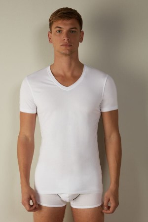 Intimissimi V-neck T-shirt in Stretch Supima® Katoenen Wit | ANLDF80759