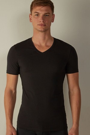 Intimissimi V-neck T-shirt in Stretch Supima® Katoenen Zwart | ANLWC97176