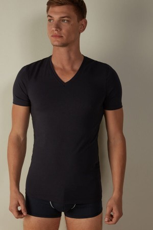 Intimissimi V-neck T-shirt in Stretch Supima® Katoenen Blauw | XNLGW45451