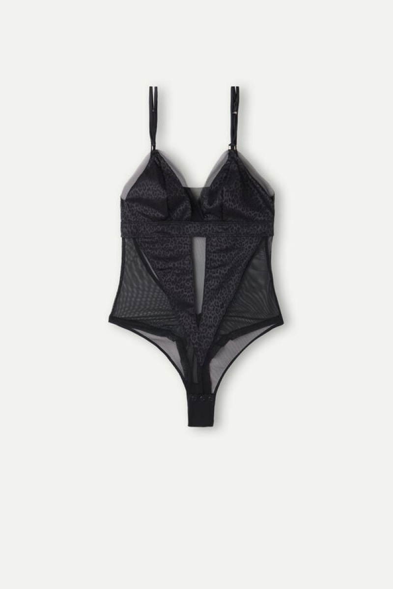 Intimissimi Cool Minimal Tulle and Satin Bodysuit Zwart | NLIIZ44817