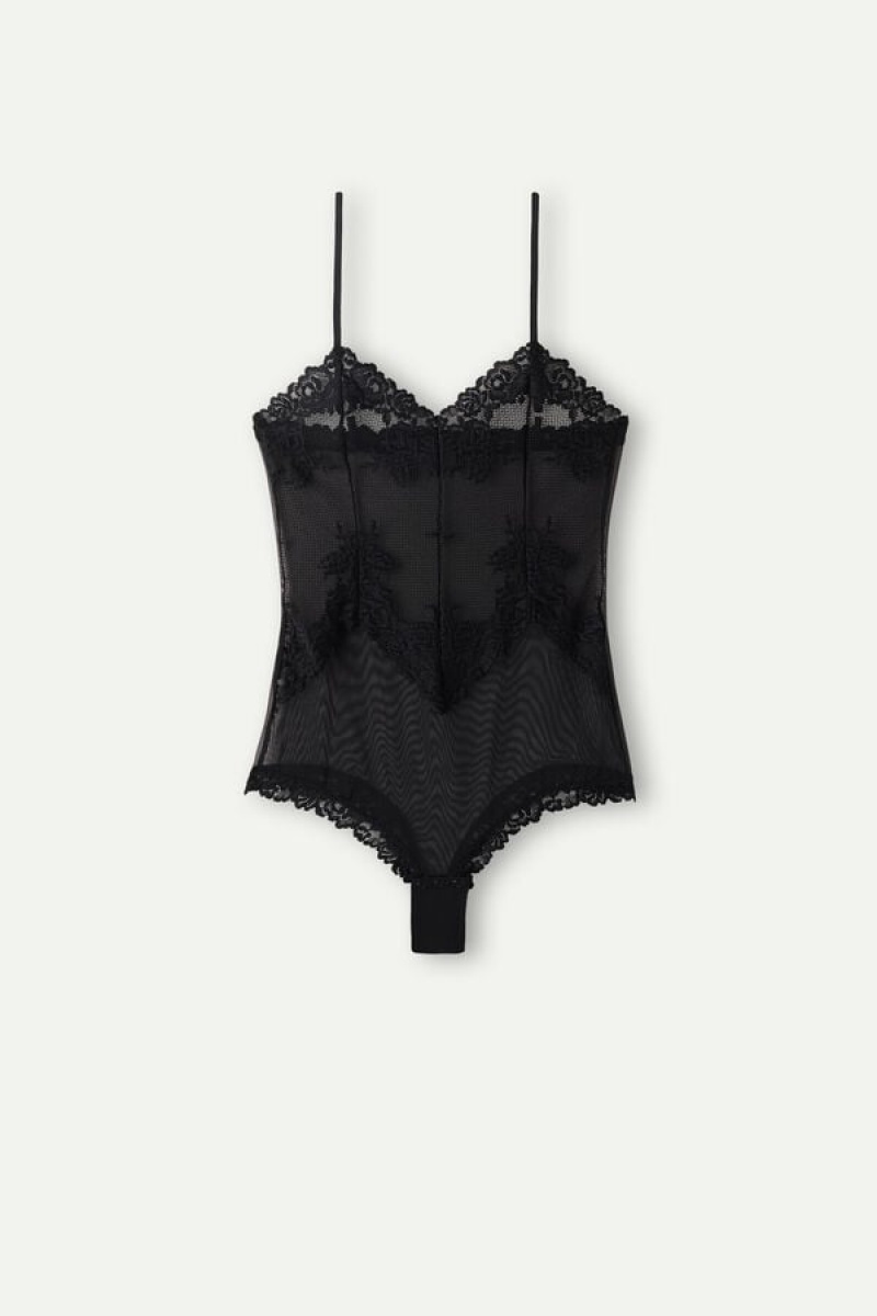 Intimissimi Pretty Flowers Tulle and Kanten Bodysuit Zwart | YNLGT97384