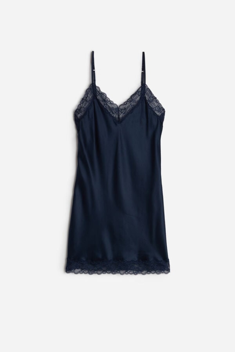 Intimissimi Silk Slip with Kanten Insert Detail Blauw | PNLER95412