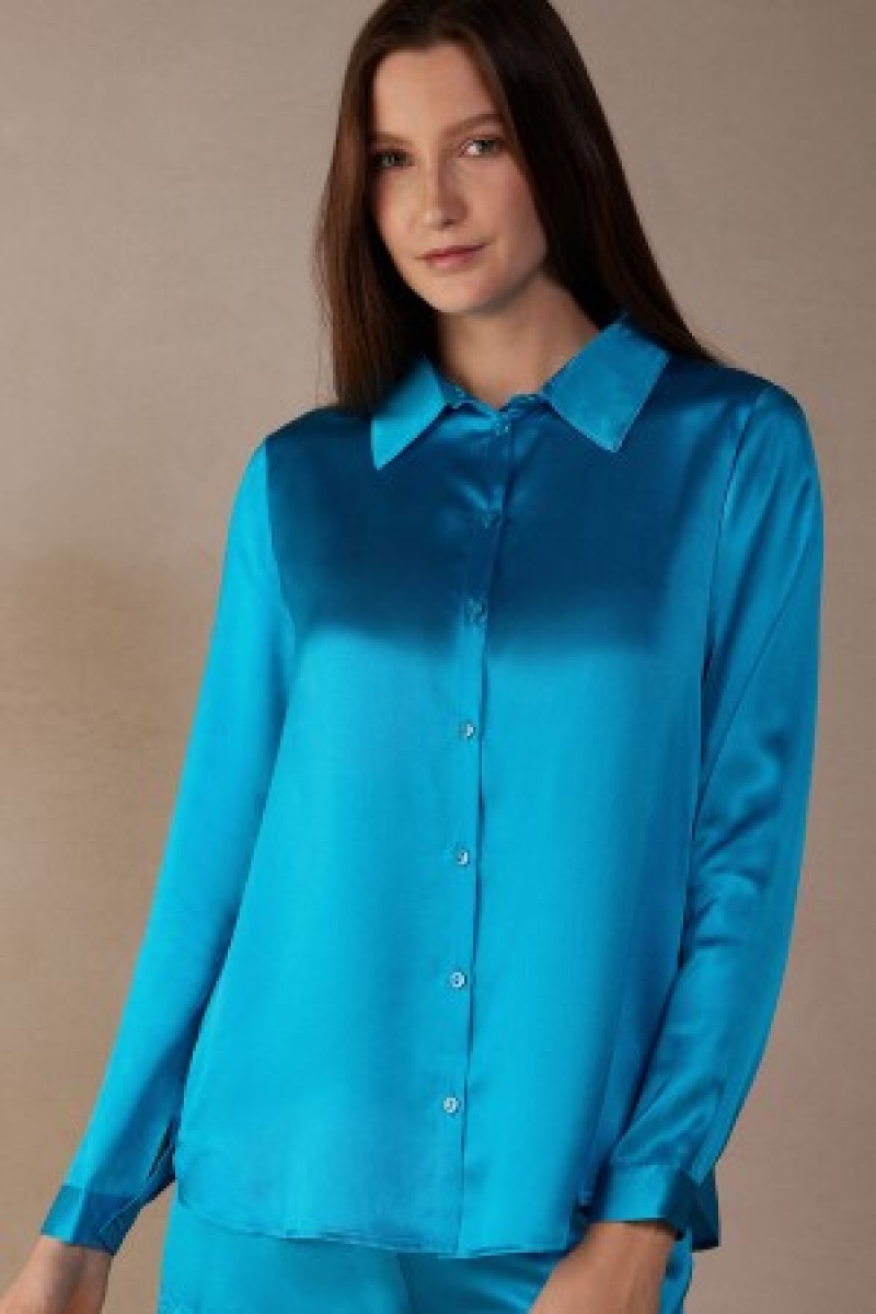 Intimissimi Long Sleeve Silk Shirt Blauw | QNLWA44090