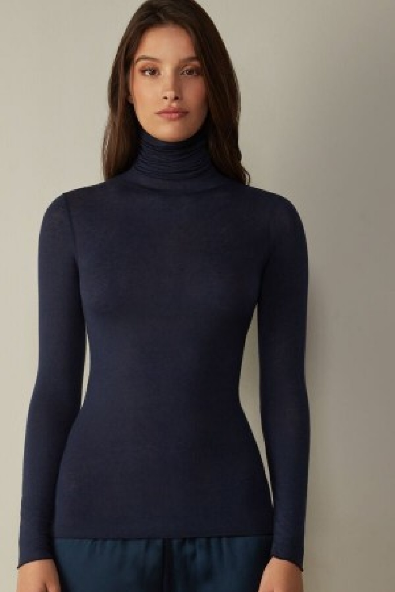 Intimissimi Modal Cashmere Ultralight High-Neck Top Blauw | FNLUI72068