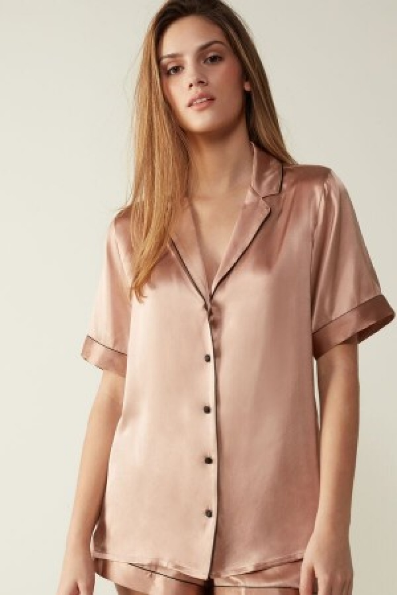 Intimissimi Kort Sleeve Silk Shirt with Contrast Trim Natural | NLCIF44237