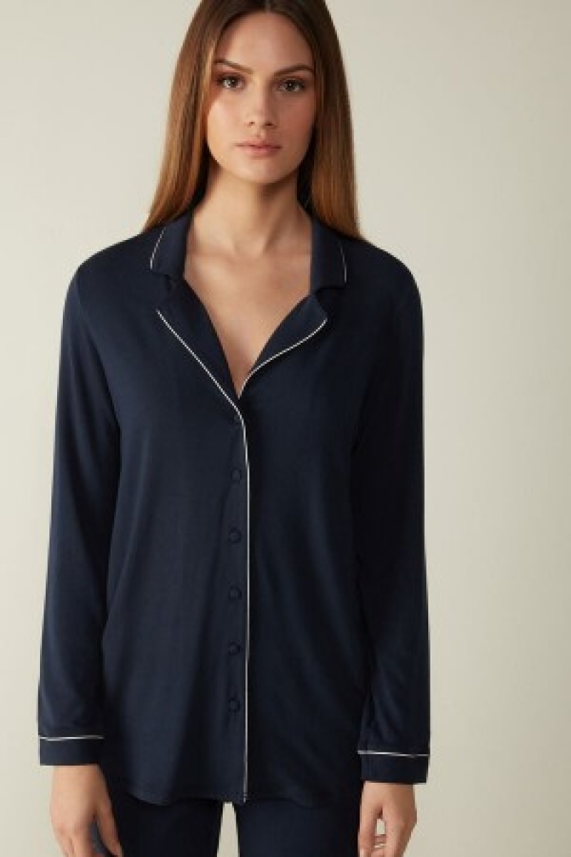 Intimissimi Long-Sleeve Micromodal Pajama Top Blauw | NLJVR57931