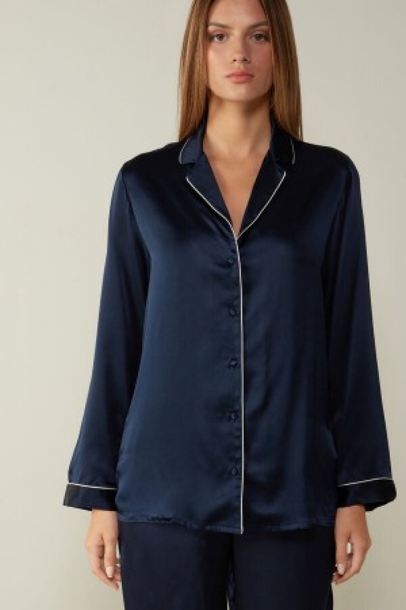 Intimissimi Mannish-Cut Jacket in Silk Satin Blauw | NLDFL14665