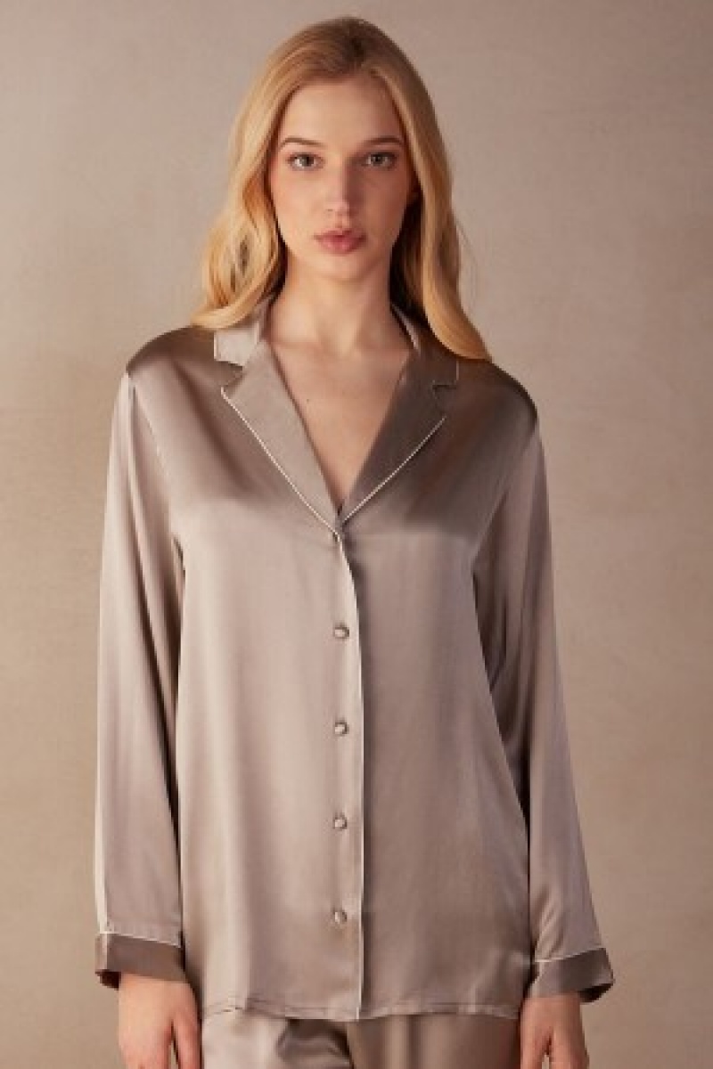 Intimissimi Mannish-Cut Jacket in Silk Satin Natural | NLZDE77182