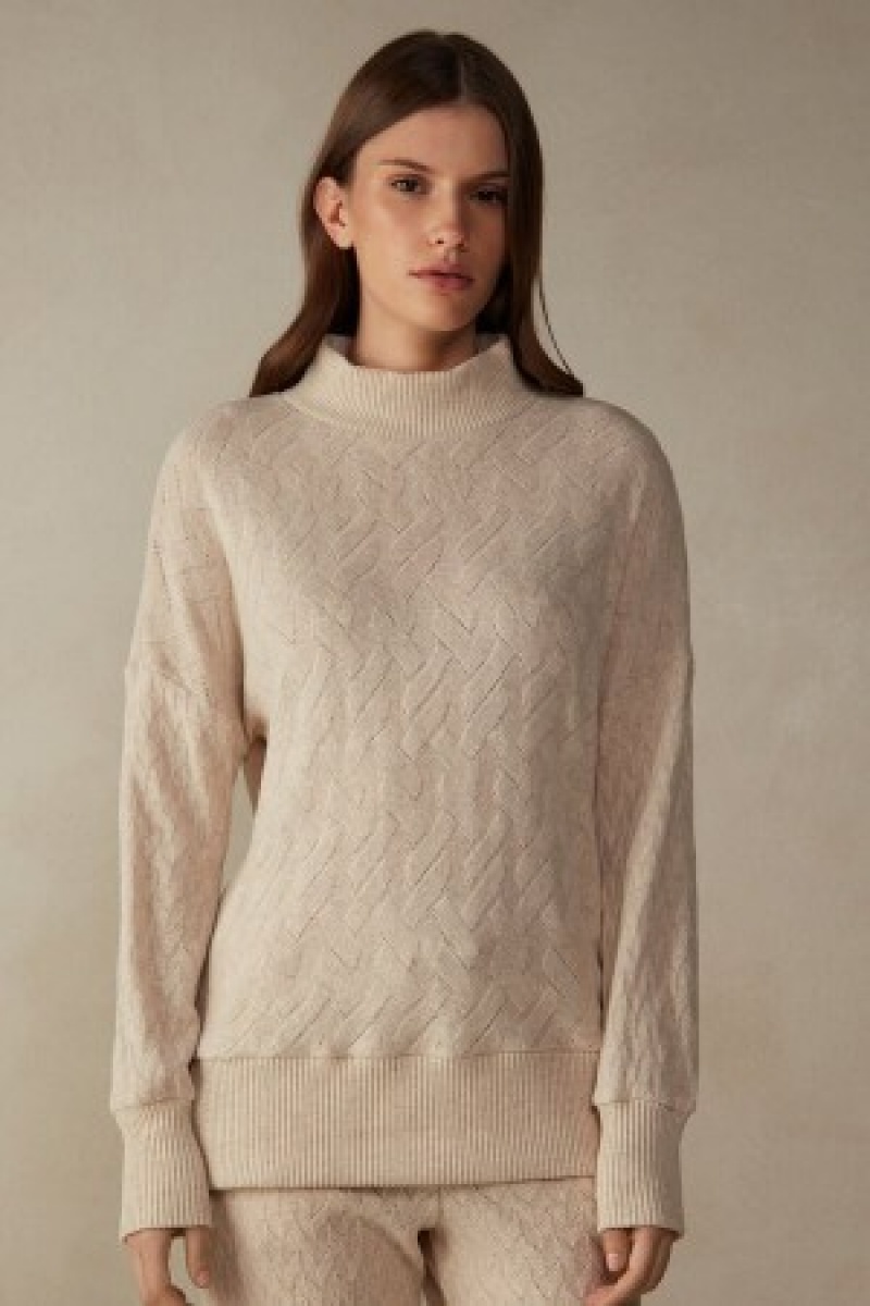 Intimissimi Winter Braid Long Sleeve Jacquard Top Natural | FNLHY88055