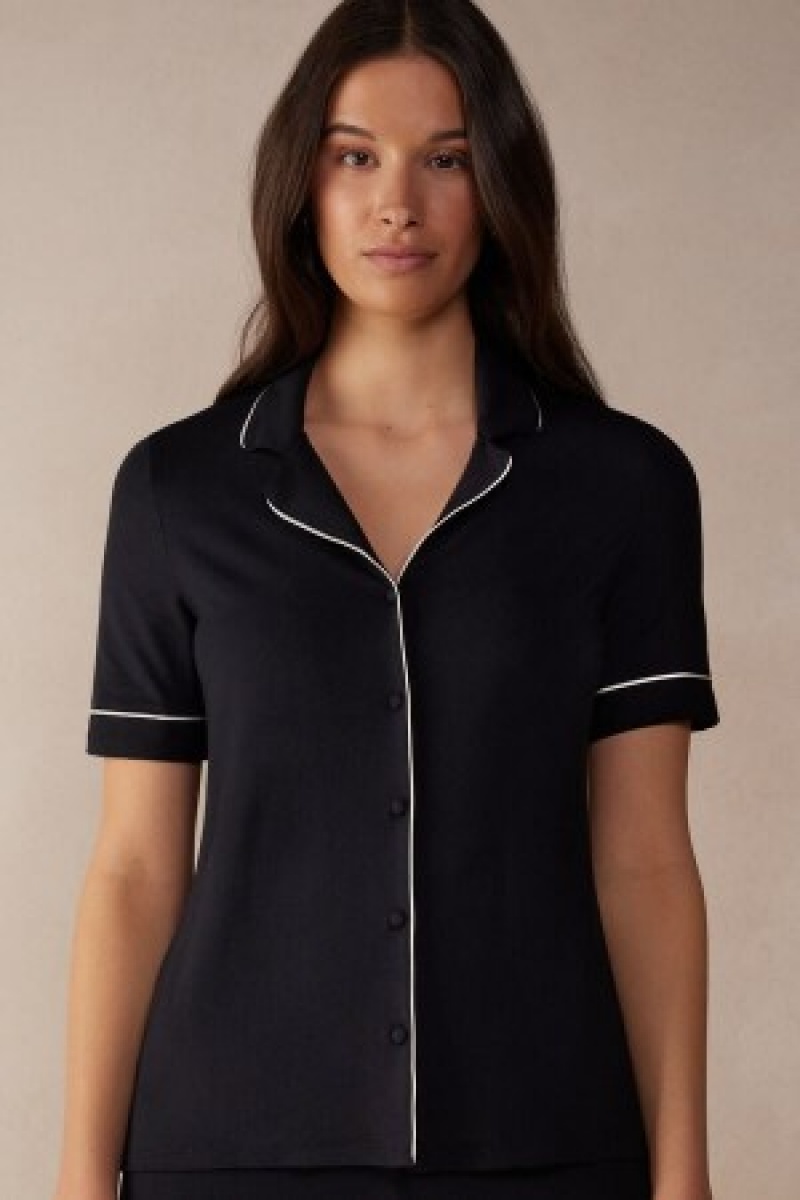 Intimissimi Kort Sleeve Button Up Shirt in Modal Zwart | TNLPQ63997