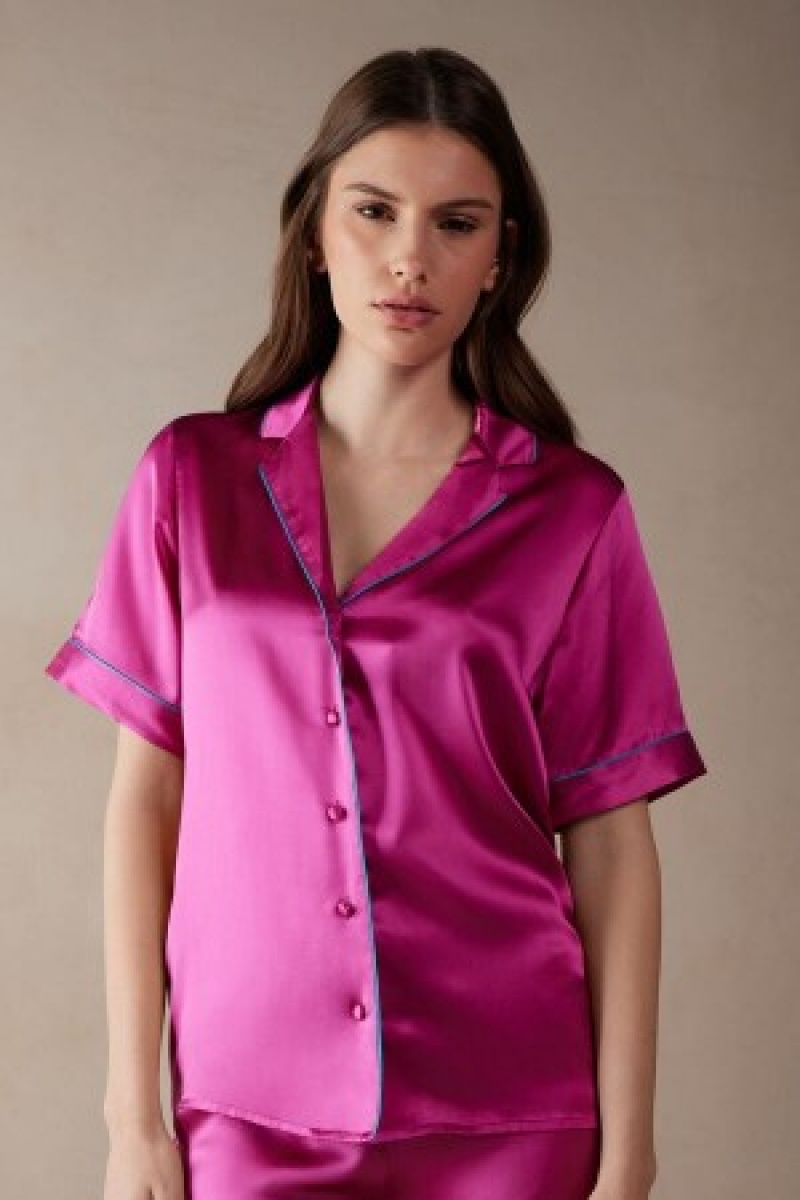 Intimissimi Kort Sleeve Silk Shirt with Contrast Trim Roze | GNLUC41283