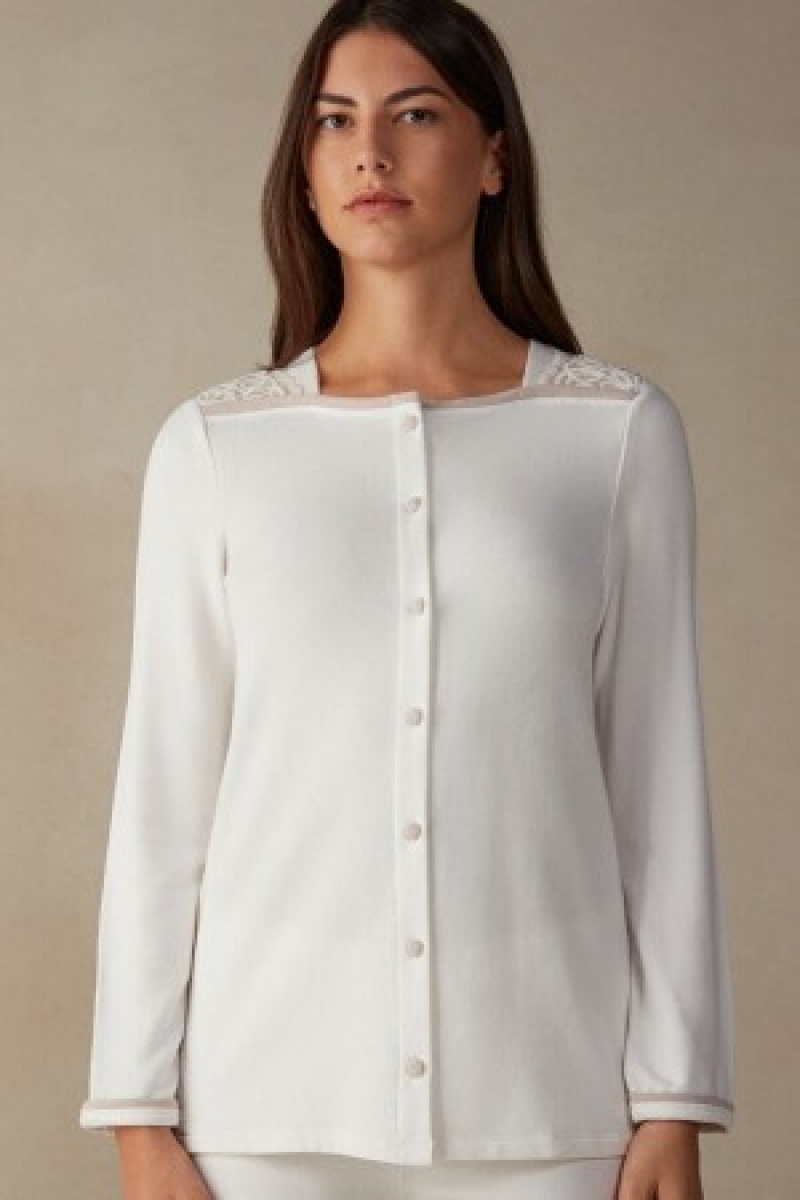 Intimissimi Romantic Bedroom Button Up Top in Modal with Wol Wit | QNLUV90327