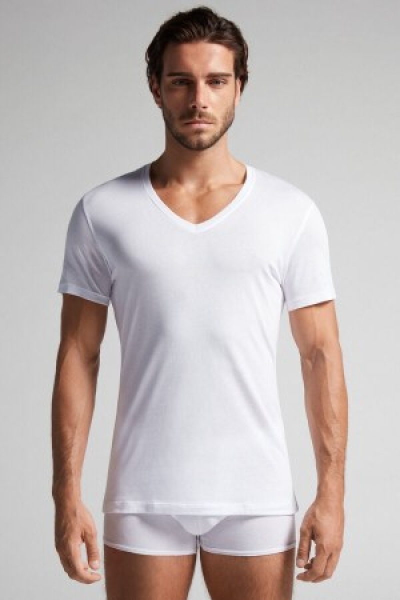 Intimissimi Kort-Sleeve V-Neck T Shirt in Extra-Fine Supima® Katoenen Wit | NLZPD94660