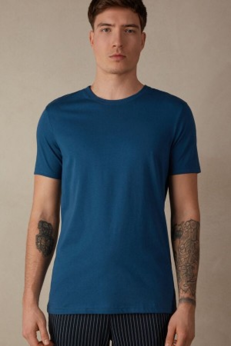 Intimissimi Kort Sleeve Crew Neck T Shirt in Supima® Katoenen Blauw | MNLFT88093