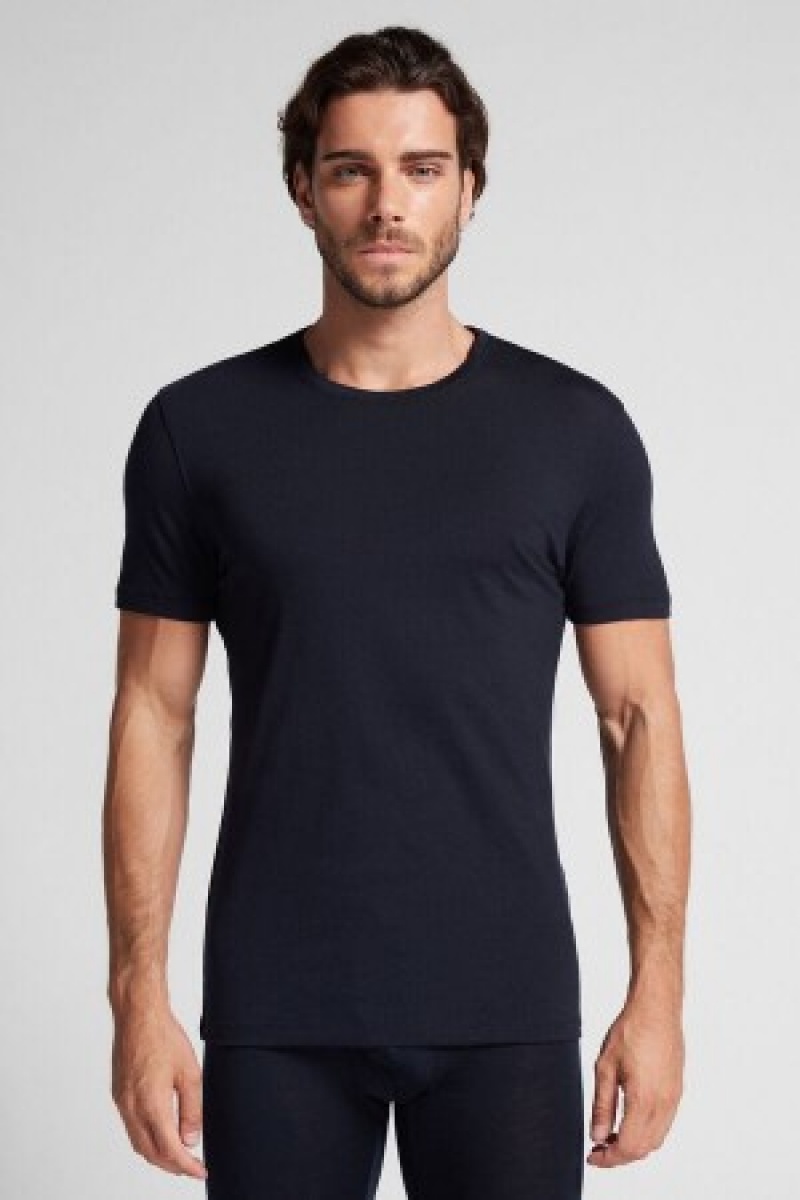 Intimissimi Stretch Merino Wol Kort-Sleeve T-Shirt Zwart | FNLUI75335