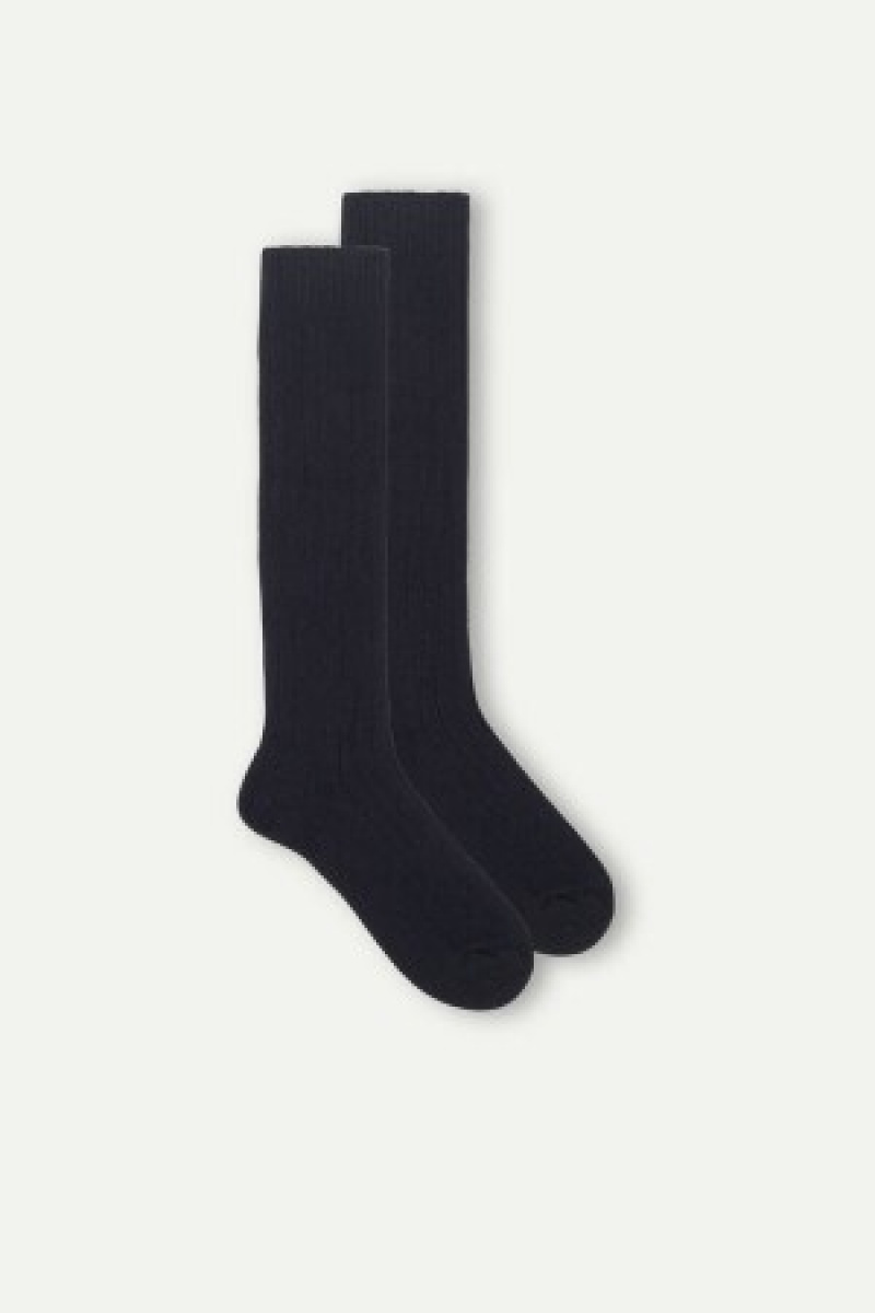 Intimissimi Long Geribbeld Socks in Cashmere and Wol Blauw | UNLTG14744