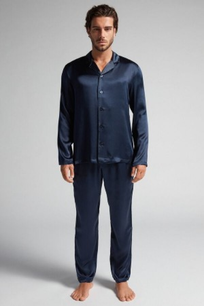 Intimissimi Long Silk Piped Pajamas Blauw | ANLDF58484